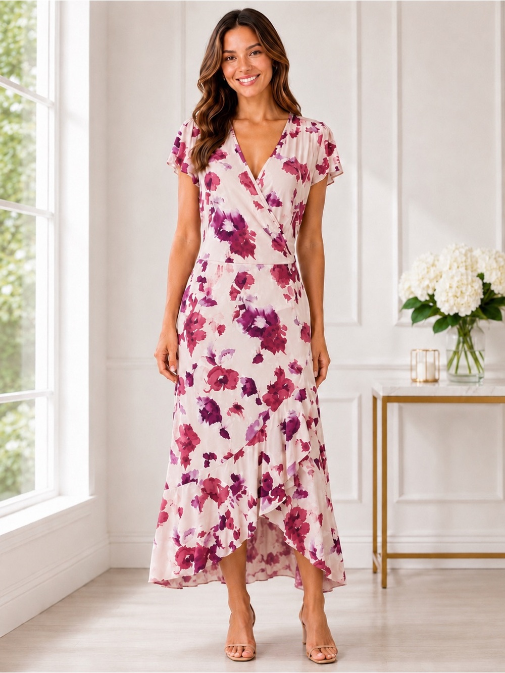 Juicy Couture Pink Floral Faux Wrap High Low Ruffle Midi Dress NWT M
